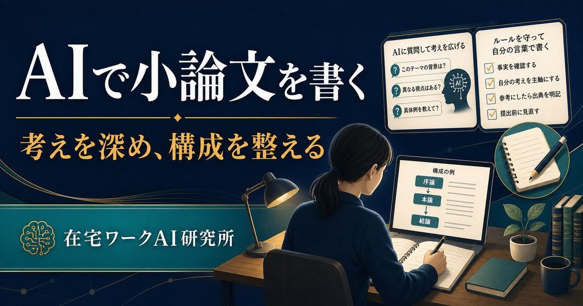AIで小論文や作文の考えを深め構成を整え自分の言葉で書く流れを示すアイキャッチ
