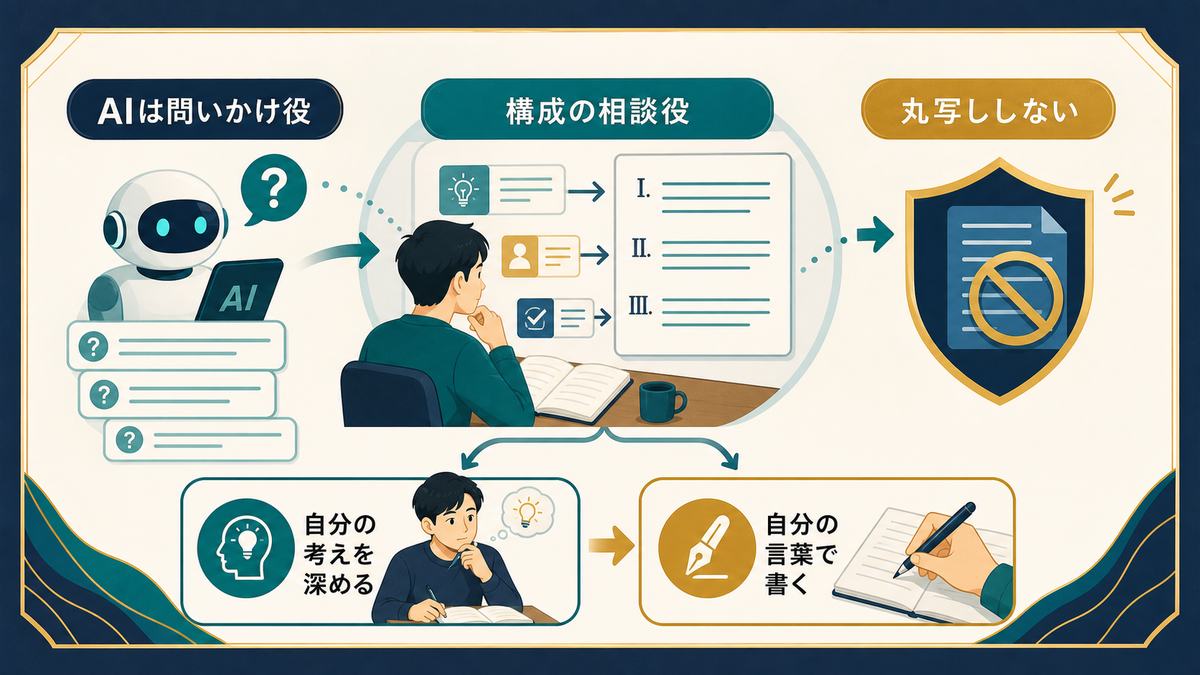AIは小論文の問いかけ役と構成の相談役として使い丸写しせず自分の考えを深める図解