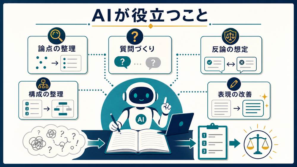 AIが小論文や作文で論点整理、質問づくり、反論想定、構成整理、表現改善に役立つことを示す図解