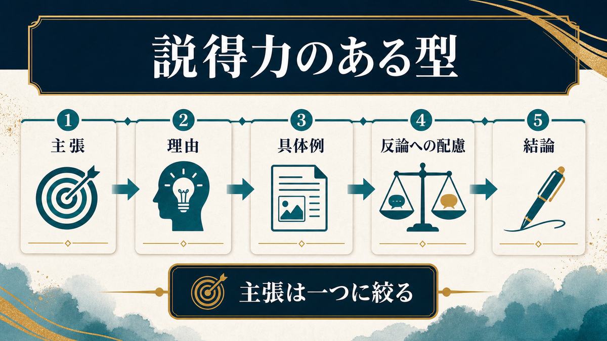 説得力のある小論文を主張、理由、具体例、反論への配慮、結論の流れで組み立てる図解