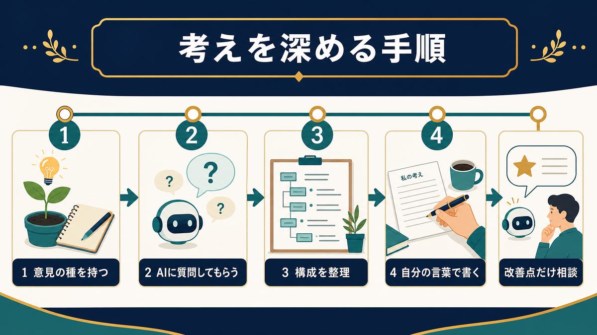 小論文で意見の種を持ちAIに質問してもらい構成を整理し自分の言葉で書く手順の図解