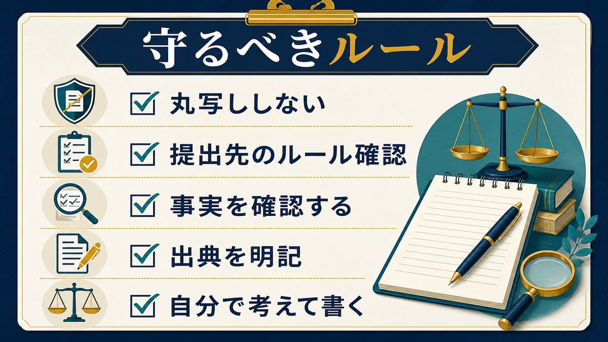 AIを小論文やレポートに使うときに丸写ししない、提出先のルール確認、事実確認、出典明記、自分で考えて書くことを示す図解