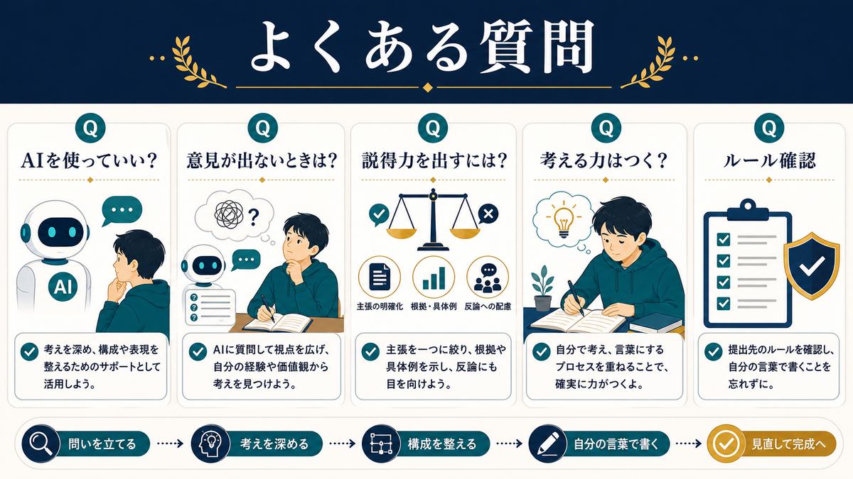 AIを小論文やレポートに使ってよいか、意見が出ないとき、説得力、考える力、ルール確認をまとめたFAQ図解