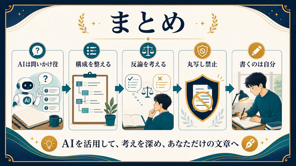 AIは問いかけ役として構成を整え反論を考え丸写しせず自分で書く小論文活用のまとめ図解