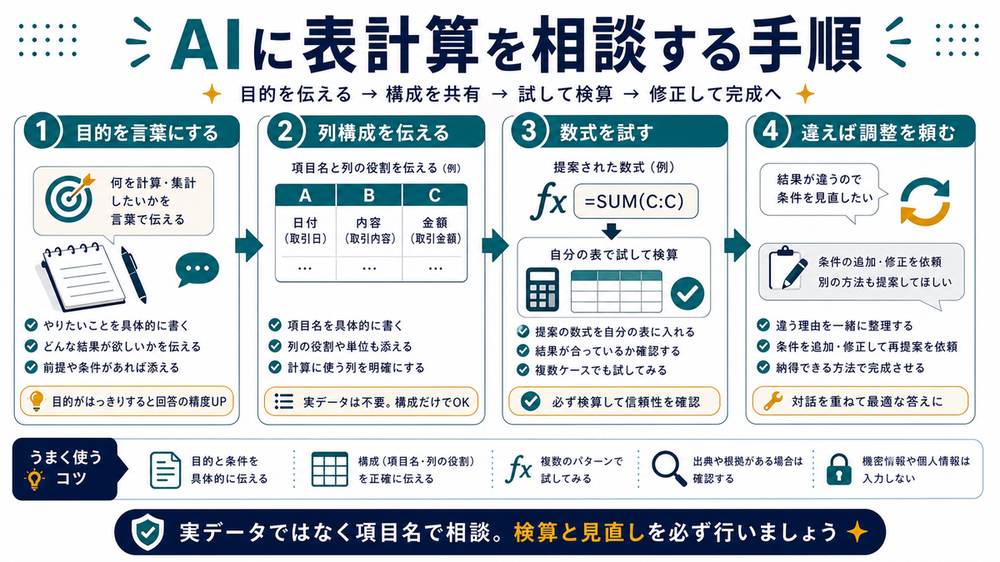 AIに表計算を相談する手順として、目的を言葉にする、列構成を伝える、数式を試す、違えば調整、実データではなく項目名で相談を示す図解