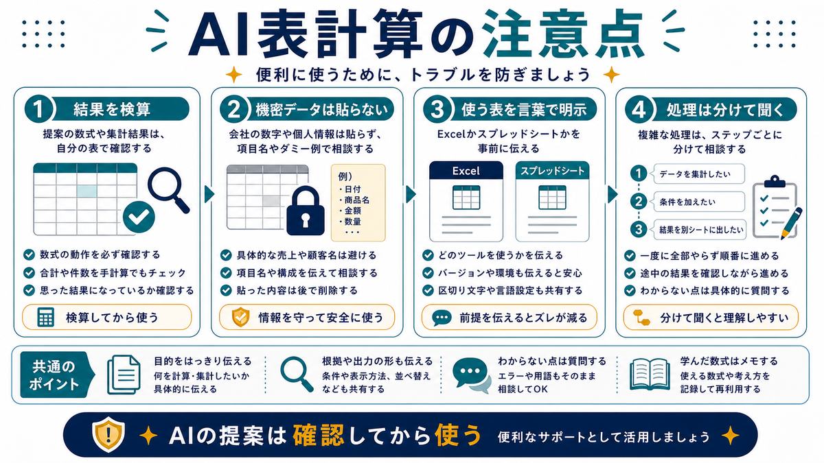AI表計算の注意点として、結果を検算、機密データは貼らない、使う表を言葉で明示、処理は分けて聞く、AIの提案は確認してから使うを示す図解