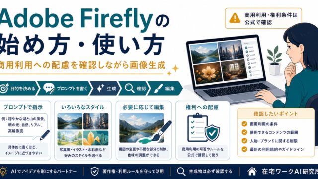 Adobe Fireflyで商用利用への配慮を確認しながら画像生成する流れのアイキャッチ画像