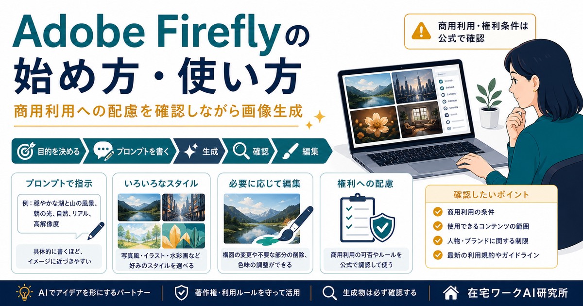 Adobe Fireflyで商用利用への配慮を確認しながら画像生成する流れのアイキャッチ画像