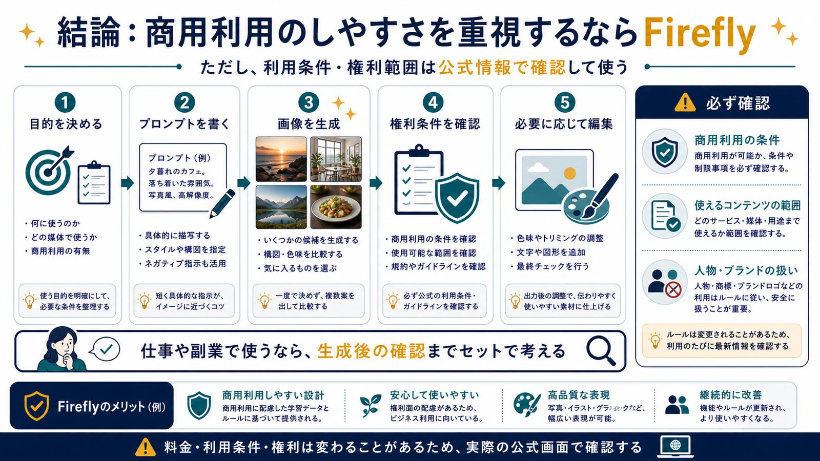 目的プロンプト画像生成権利条件確認編集までのAdobe Firefly商用利用配慮の図