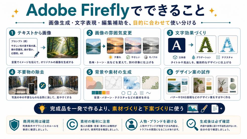 Adobe Fireflyでテキストから画像画像の雰囲気変更文字効果不要物除去背景素材生成ができる図