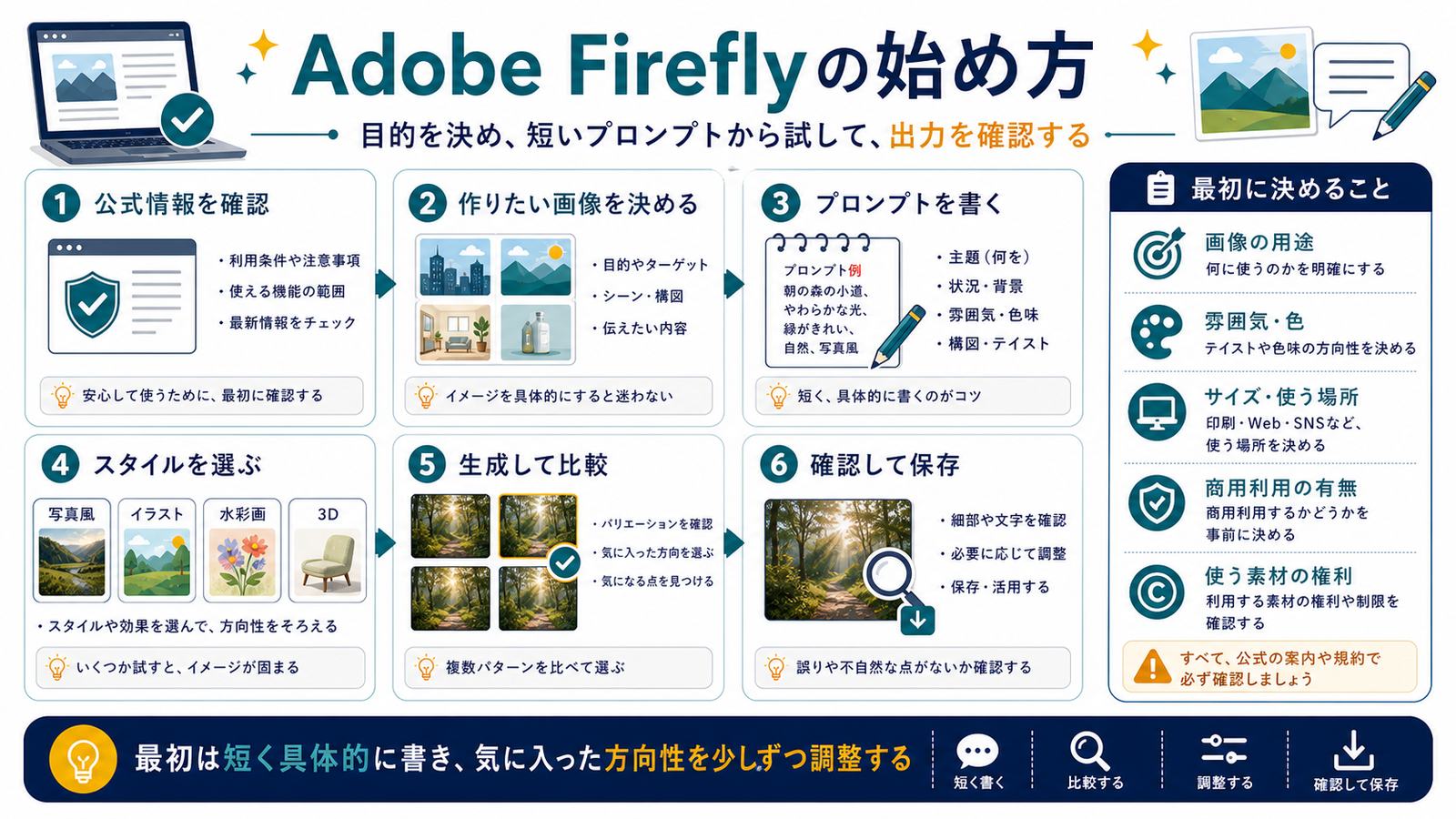 Adobe Fireflyの公式情報確認作りたい画像プロンプトスタイル生成比較保存までの始め方図