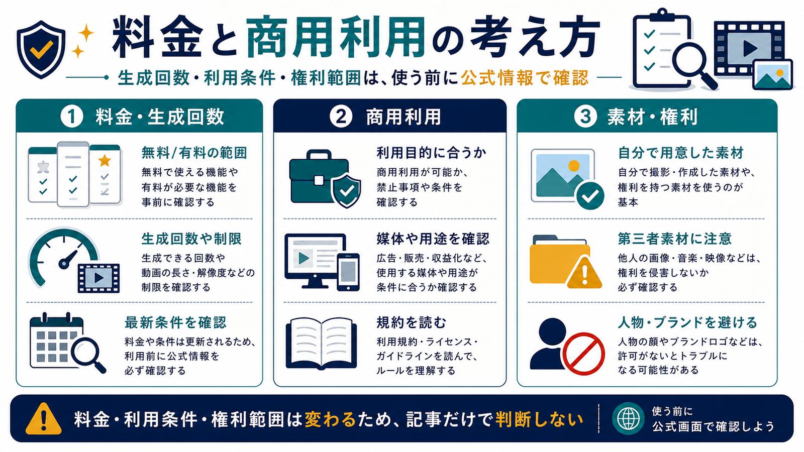 Adobe Fireflyの料金生成回数商用利用素材権利を公式情報で確認する図