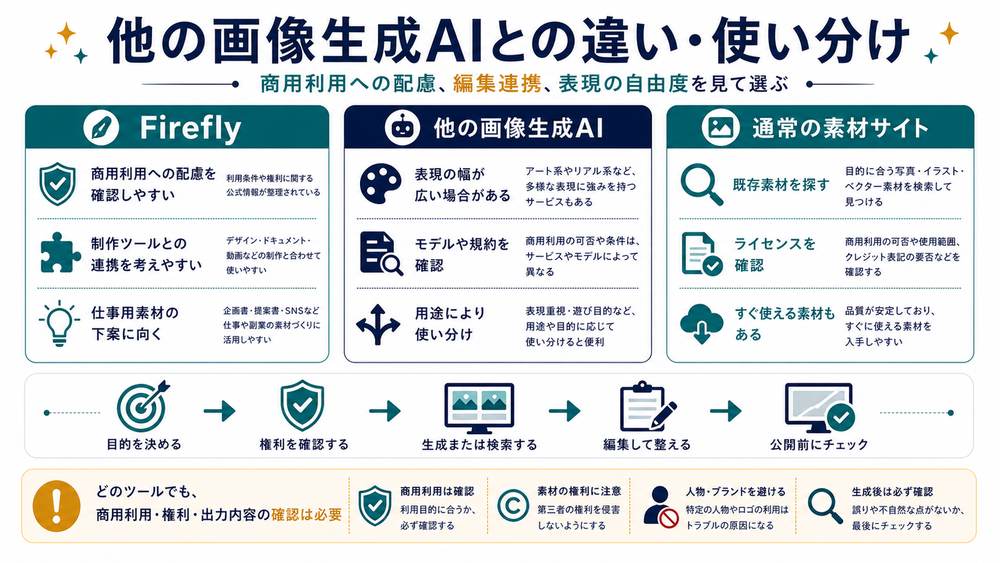Firefly他の画像生成AI素材サイトの商用利用配慮編集連携表現幅ライセンス確認の比較図