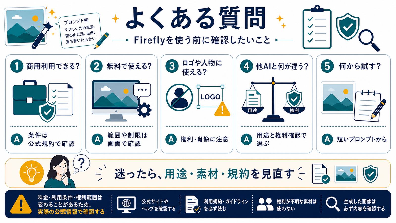 Adobe Fireflyの商用利用無料範囲ロゴ人物他AIとの違い短いプロンプトを整理するFAQ図