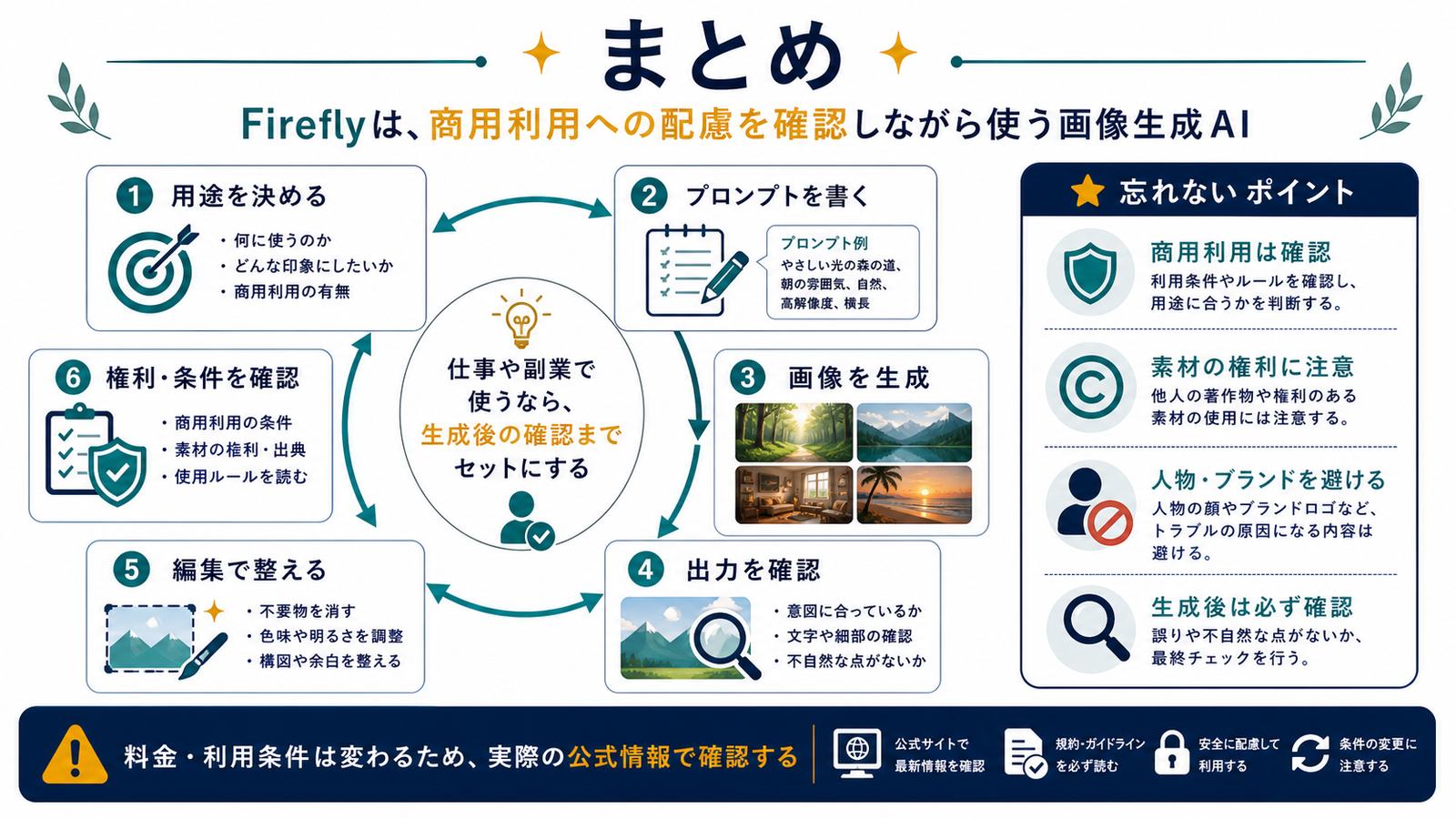 用途プロンプト画像生成出力確認編集権利条件確認までのAdobe Fireflyまとめ図