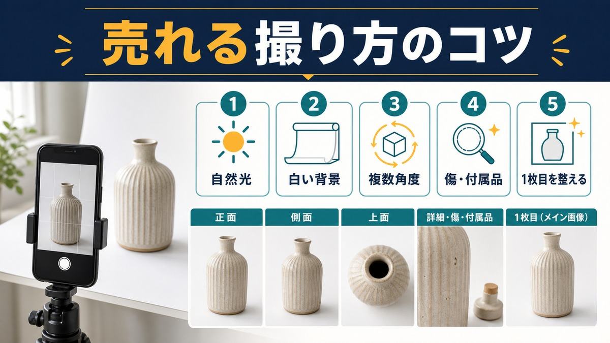 自然光と白背景と複数角度でフリマ商品写真を撮るコツの図解