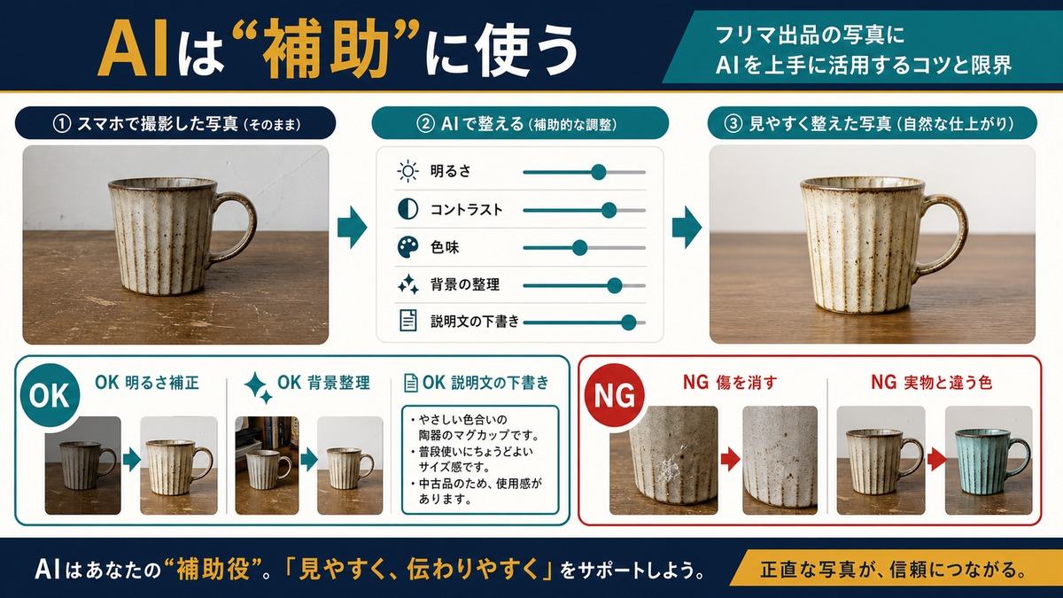 AIは商品写真の明るさ補正や背景整理の補助に使い過度な加工は避ける図解