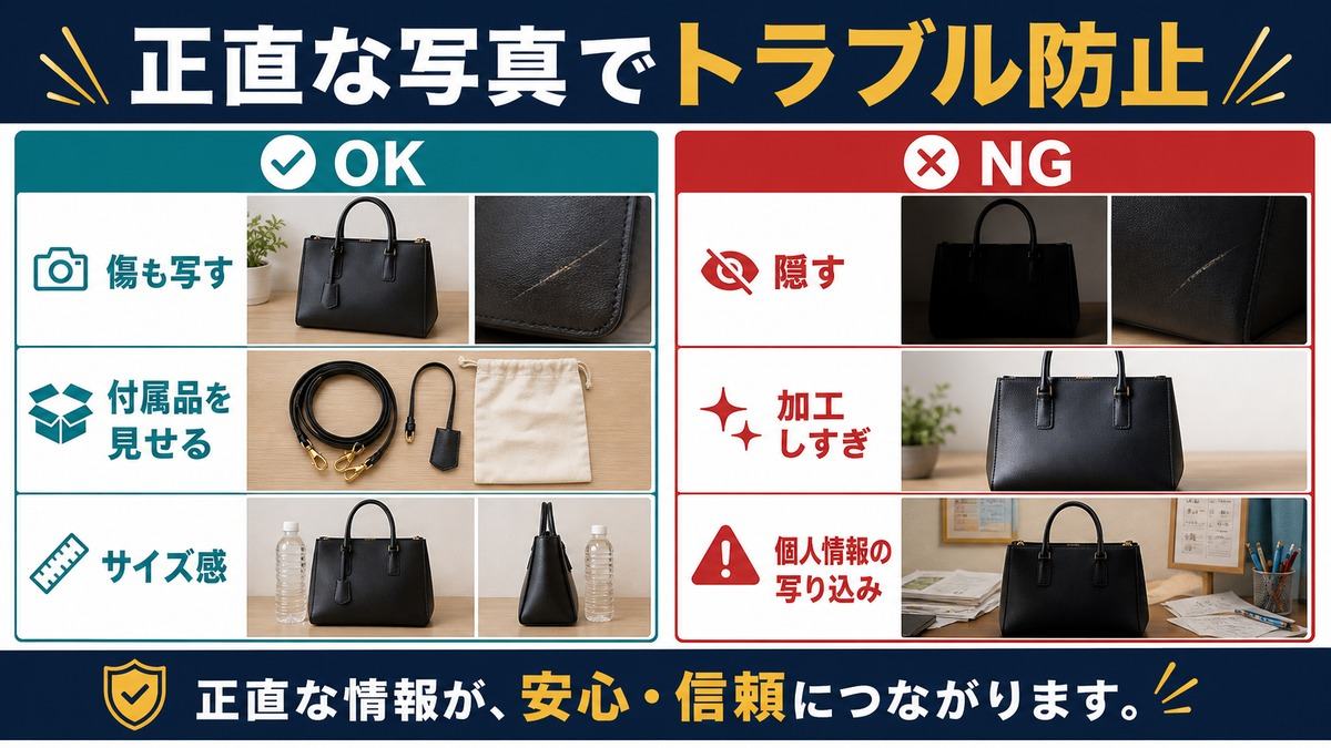 傷や付属品やサイズ感を正直に写してフリマ取引のトラブルを防ぐ図解