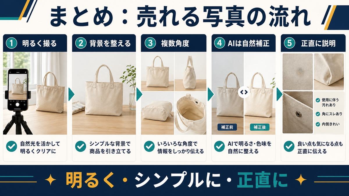 フリマで売れる写真の流れを明るさ背景複数角度AI補正正直な説明で整理した図解