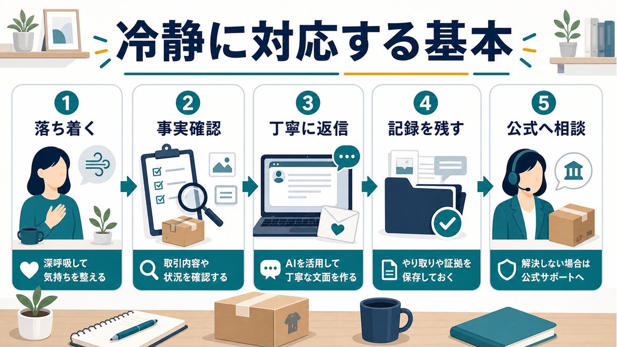 フリマトラブル対応では落ち着く、事実確認、丁寧な返信、記録を残す、公式へ相談する流れが基本という図解