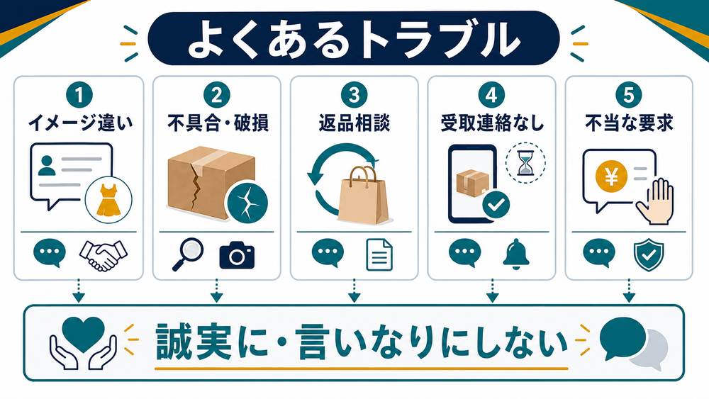 フリマで起きやすいイメージ違い、不具合や破損、返品相談、受取連絡なし、不当な要求に誠実だが言いなりにしない対応をする図解
