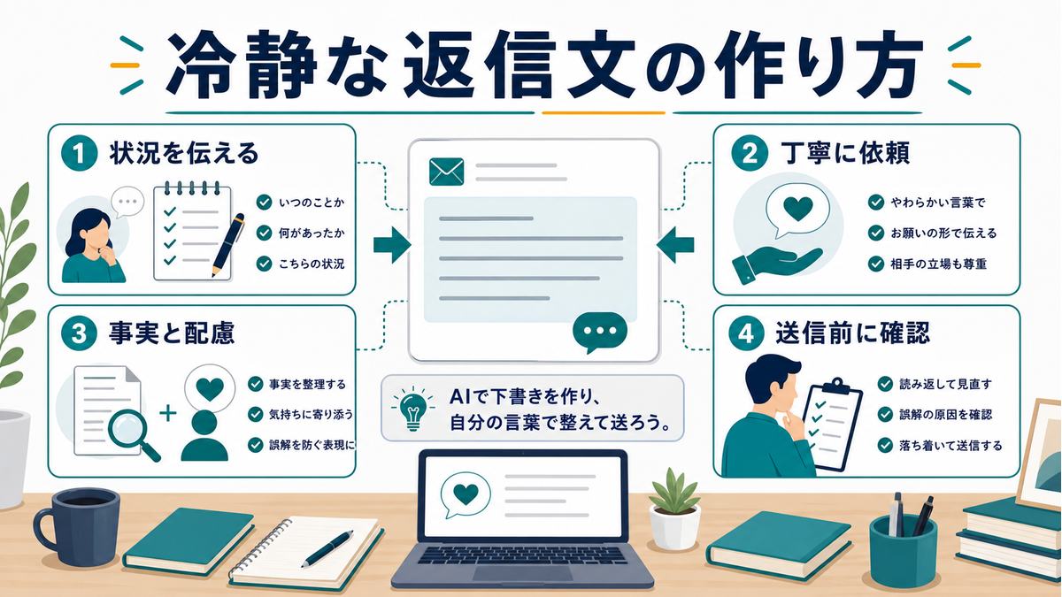 AIで冷静な返信文を作るには、状況を伝える、丁寧に依頼する、事実と配慮を入れる、送信前に確認する図解