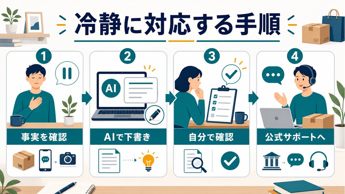 フリマトラブルで事実を確認し、AIで下書きし、自分で確認し、解決しなければ公式サポートへ相談する手順の図解