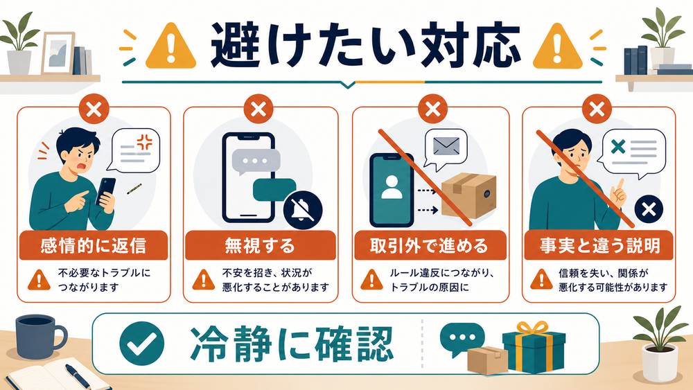 フリマトラブルで避けたい対応として、感情的に返信、無視する、取引外で進める、事実と違う説明をまとめた図解