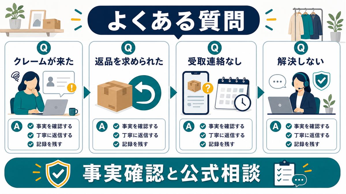 フリマトラブルのFAQとして、クレーム、返品要求、受取連絡なし、解決しない場合は事実確認と公式相談が大切という図解