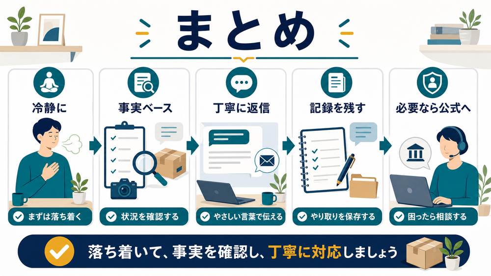 フリマトラブル対応のまとめとして、冷静に、事実ベース、丁寧に返信、記録を残す、必要なら公式へ相談する図解