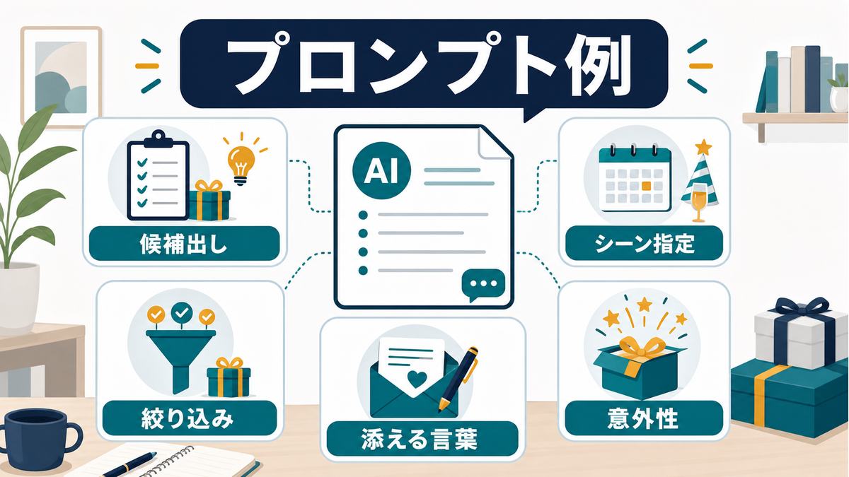 ギフト選びに使えるプロンプト例として、候補出し、シーン指定、絞り込み、意外性、添える言葉を整理した図解