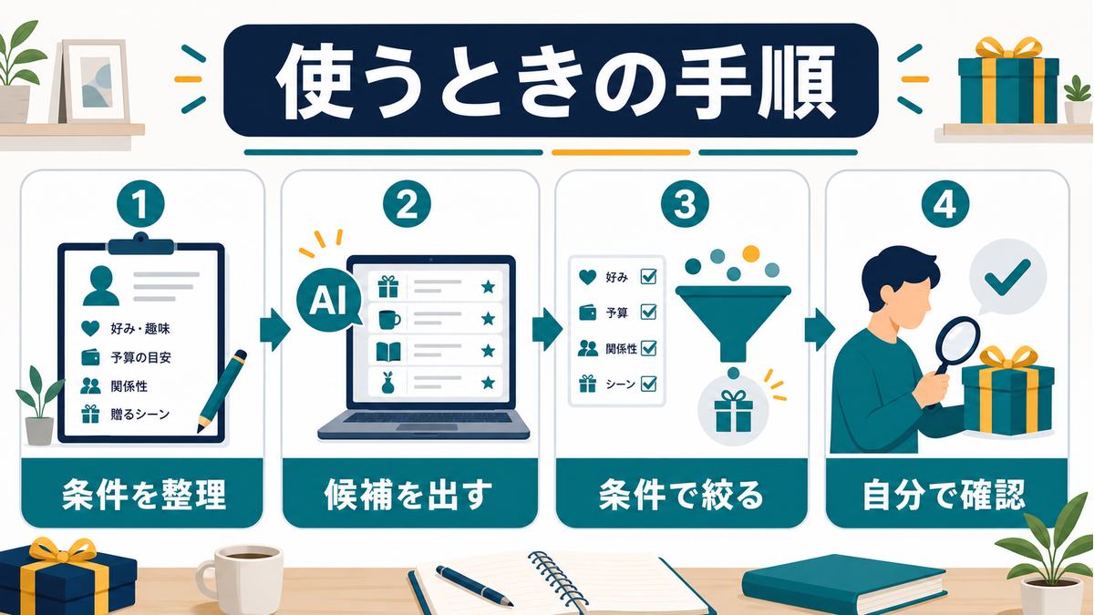 AIでギフトを選ぶ手順として、条件整理、候補出し、条件で絞る、自分で確認する流れの図解