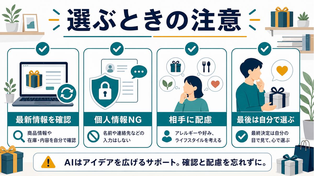 AIでギフトを選ぶときの注意として、最新情報確認、個人情報NG、相手への配慮、最後は自分で選ぶことをまとめた図解