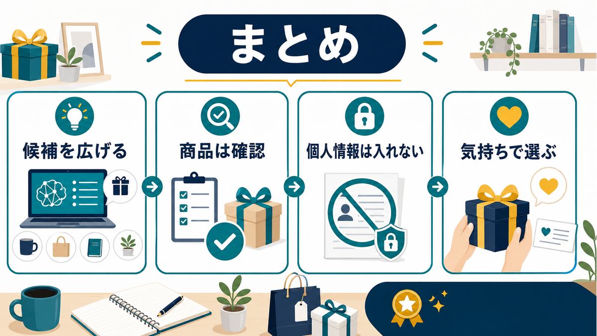 AIギフト選びのまとめとして、候補を広げる、商品は確認、個人情報は入れない、気持ちで選ぶ流れの図解