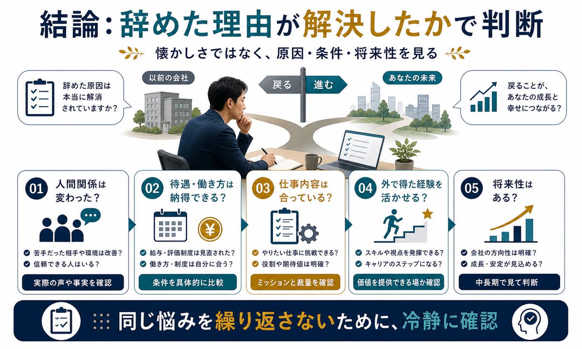アルムナイ採用や出戻り転職を辞めた理由が解決したかで判断する図解