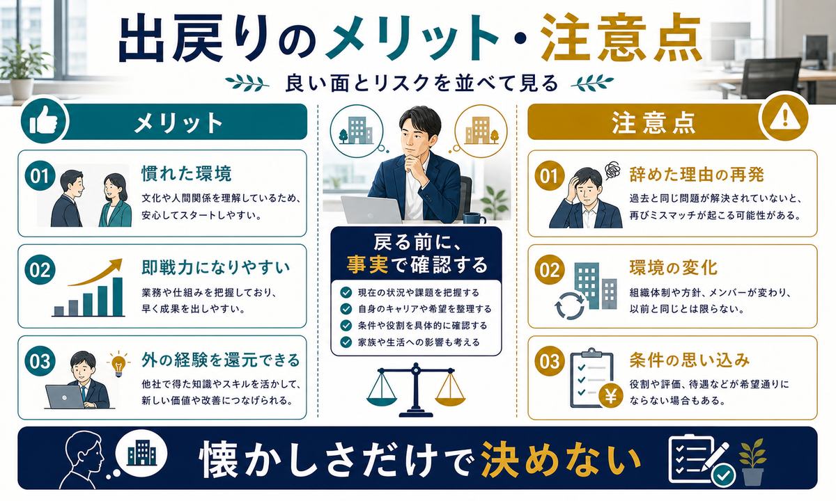 出戻り転職のメリットと注意点を比較した図解