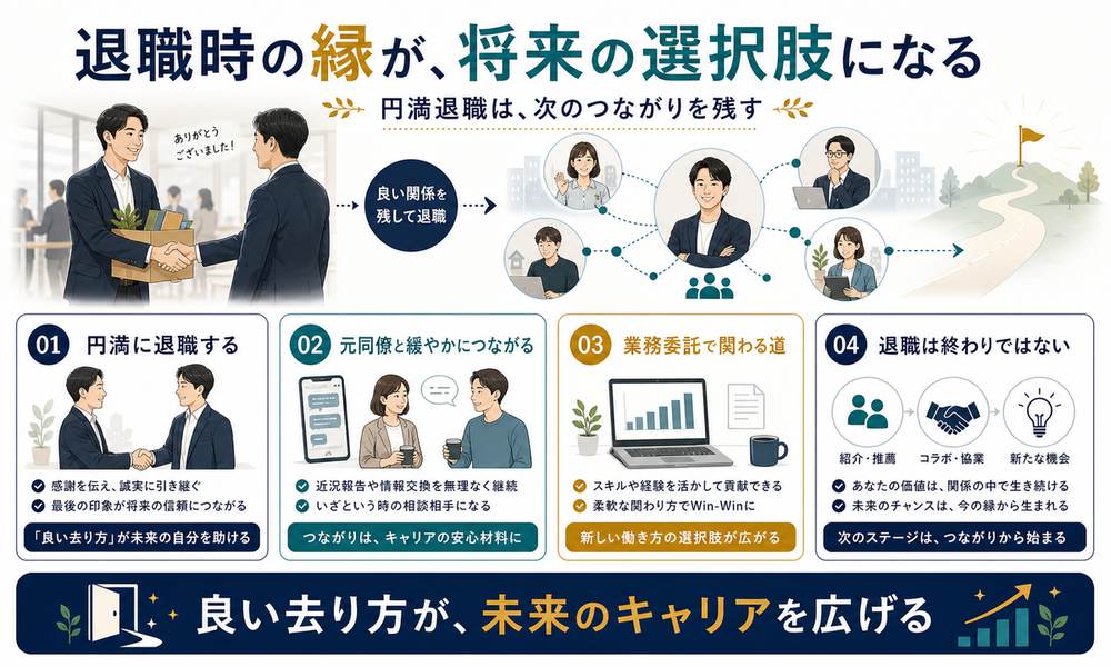 退職時の縁が将来のキャリア選択肢になることを示す図解
