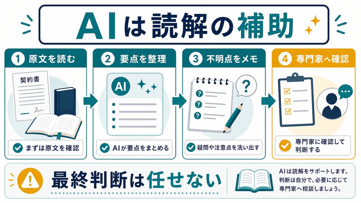契約書や規約を読む時のAIの役割として、原文を読む、要点を整理、不明点をメモ、専門家へ確認、最終判断は任せないを示す図解