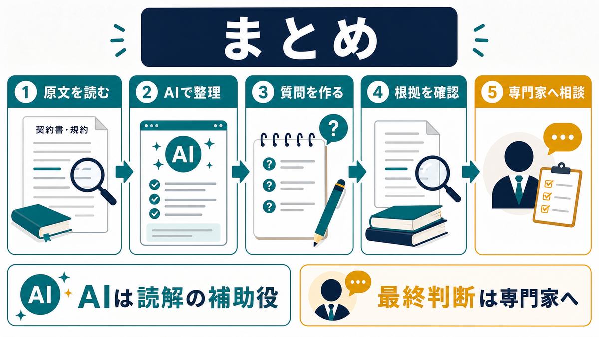 AIで契約書や規約を読む方法のまとめとして、原文を読む、AIで整理、質問を作る、根拠を確認、専門家へ相談、最終判断は専門家へを示す図解