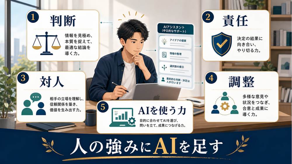 判断、責任、対人、調整、AIを使う力を示すAI時代のスキル図