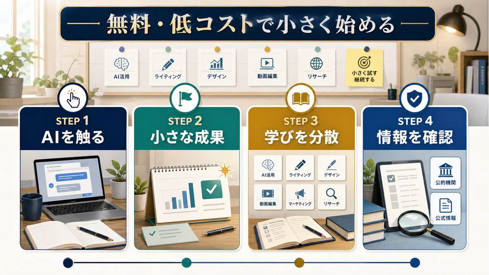 在宅や副業でAIを触り、小さな成果を作り、学びを分散して情報確認する手順