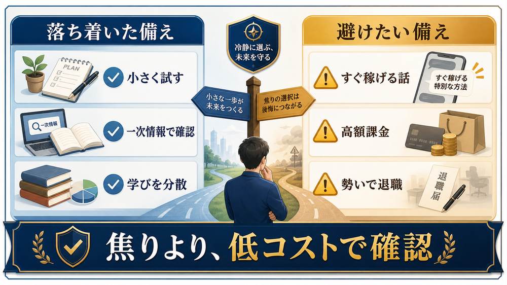落ち着いたAI時代の備えと避けたい焦りの行動を比較した図
