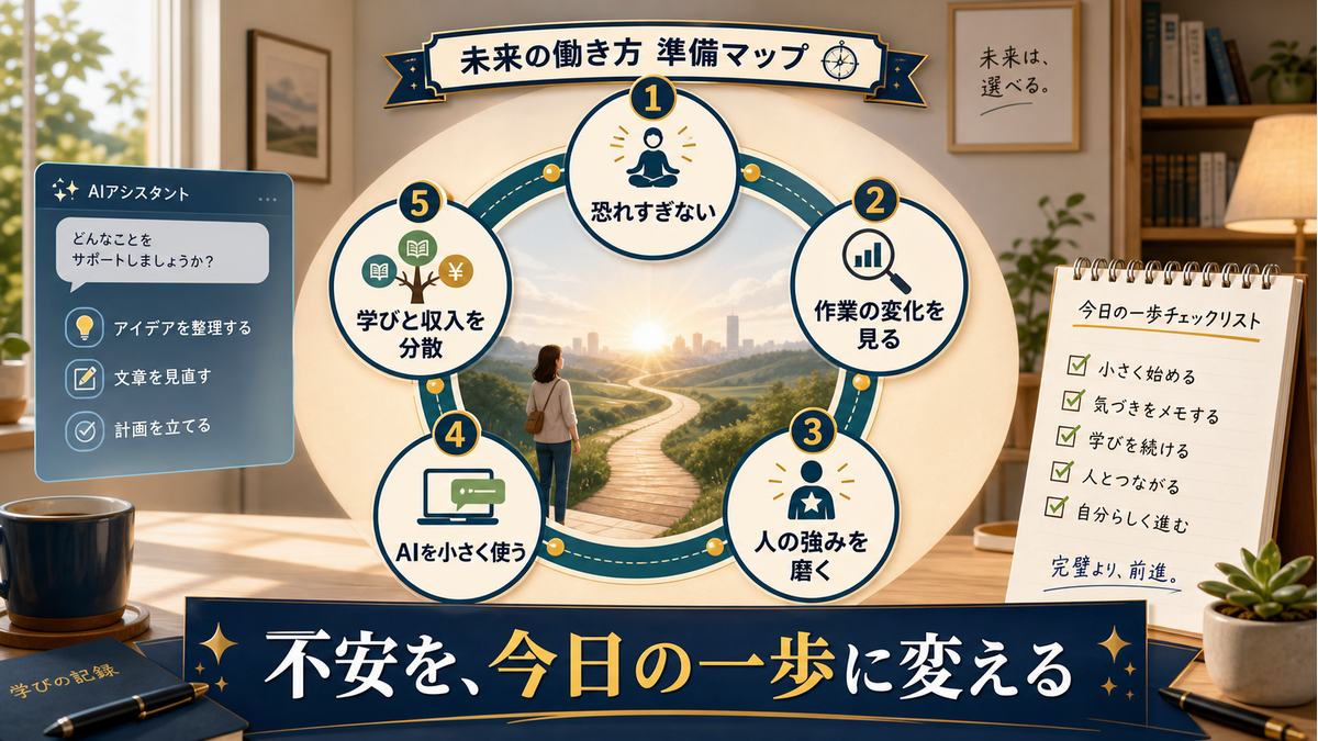 AI時代の仕事変化への備えを今日の一歩に変えるまとめ図