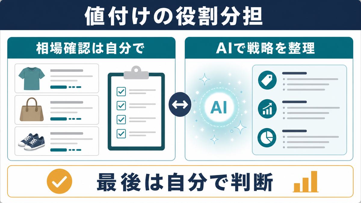 フリマ値付けの役割分担として、相場確認は自分で行い、AIで価格戦略を整理し、最後は自分で判断する流れを示す図解