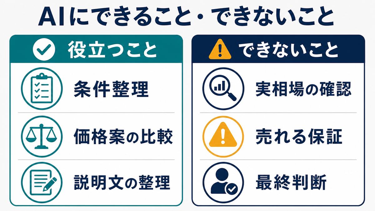 AIが値付けで役立つこととできないこととして、条件整理、価格案の比較、説明文の整理、実相場の確認、売れる保証、最終判断を分けた図解
