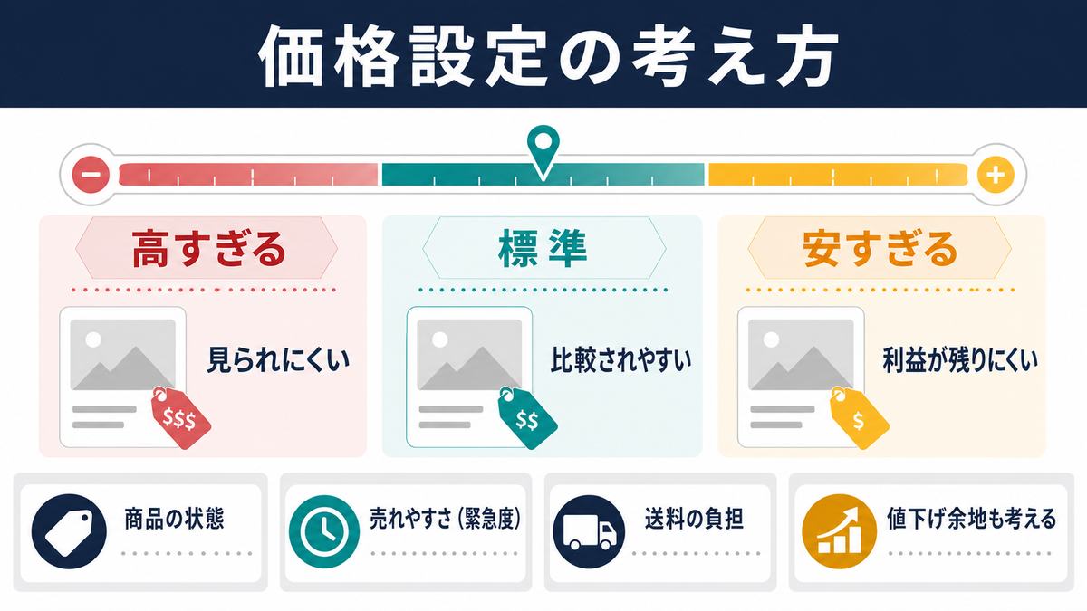 売れる価格設定の考え方として、高すぎる、標準、安すぎる、値下げ余地を整理した図解