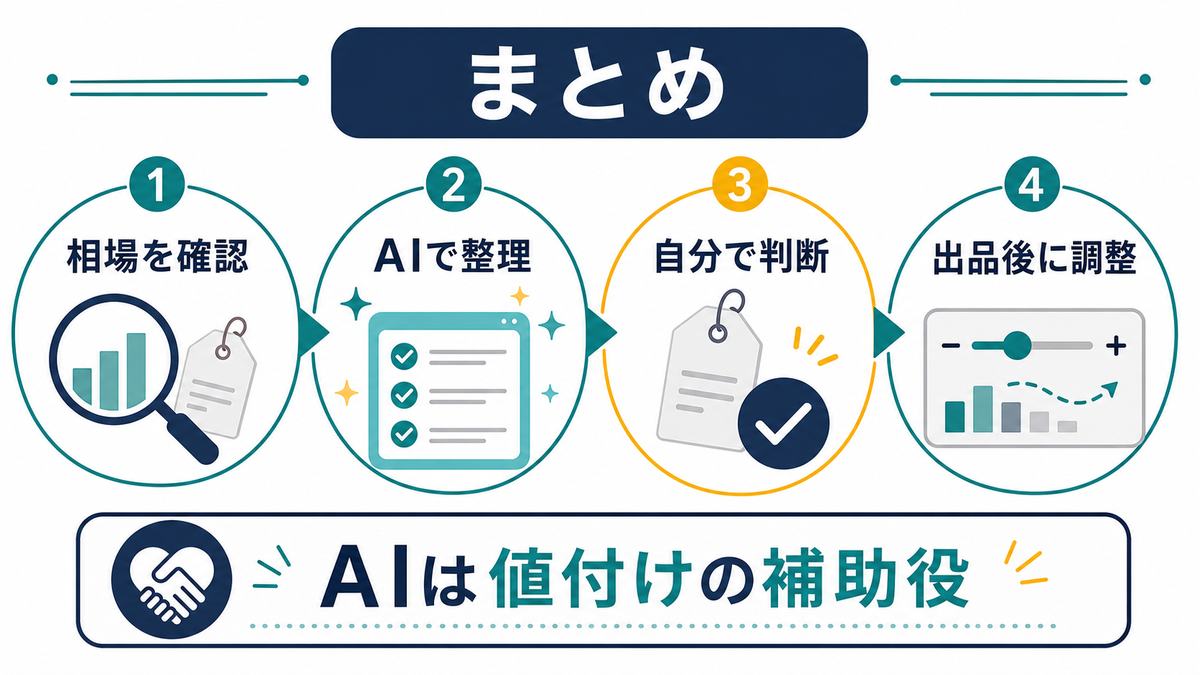 AIでフリマの値付けをする流れのまとめとして、相場確認、AIで整理、自分で判断、出品後に調整を示す図解