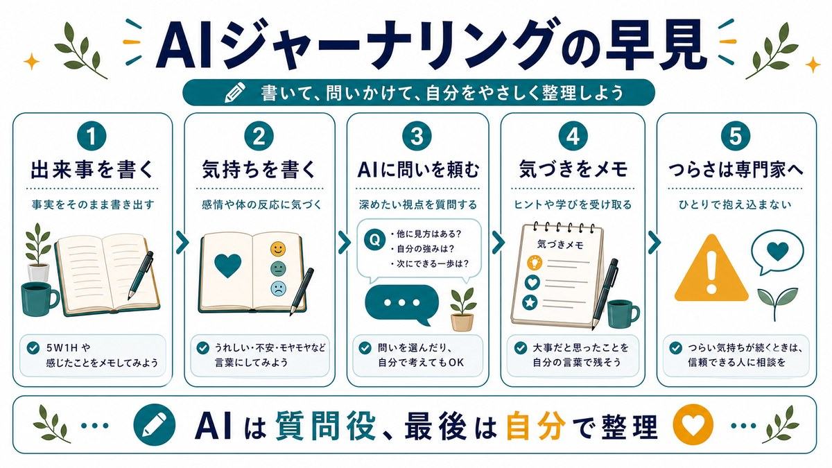 AIジャーナリングの早見として、出来事を書く、気持ちを書く、AIに問いを頼む、気づきをメモ、つらさは専門家へをまとめた図解