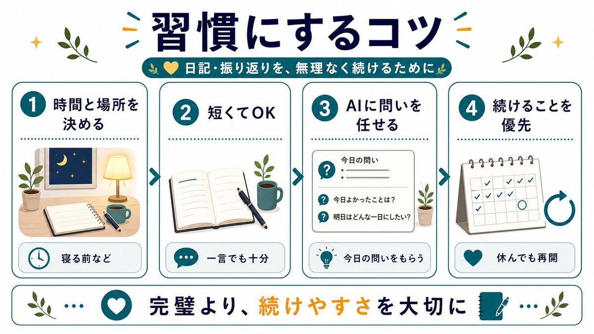 AIジャーナリングを習慣にするコツとして、時間と場所を決める、短くてOK、AIに問いを任せる、続けることを優先を示す図解