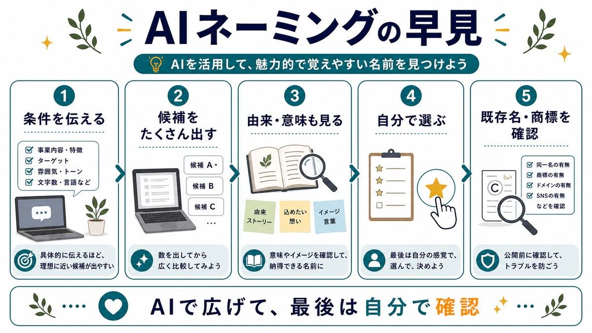 AIネーミングの早見として、条件を伝える、候補をたくさん出す、由来と意味も見る、自分で選ぶ、既存名と商標を確認する流れをまとめた図解